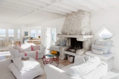 Sofa and fireplace